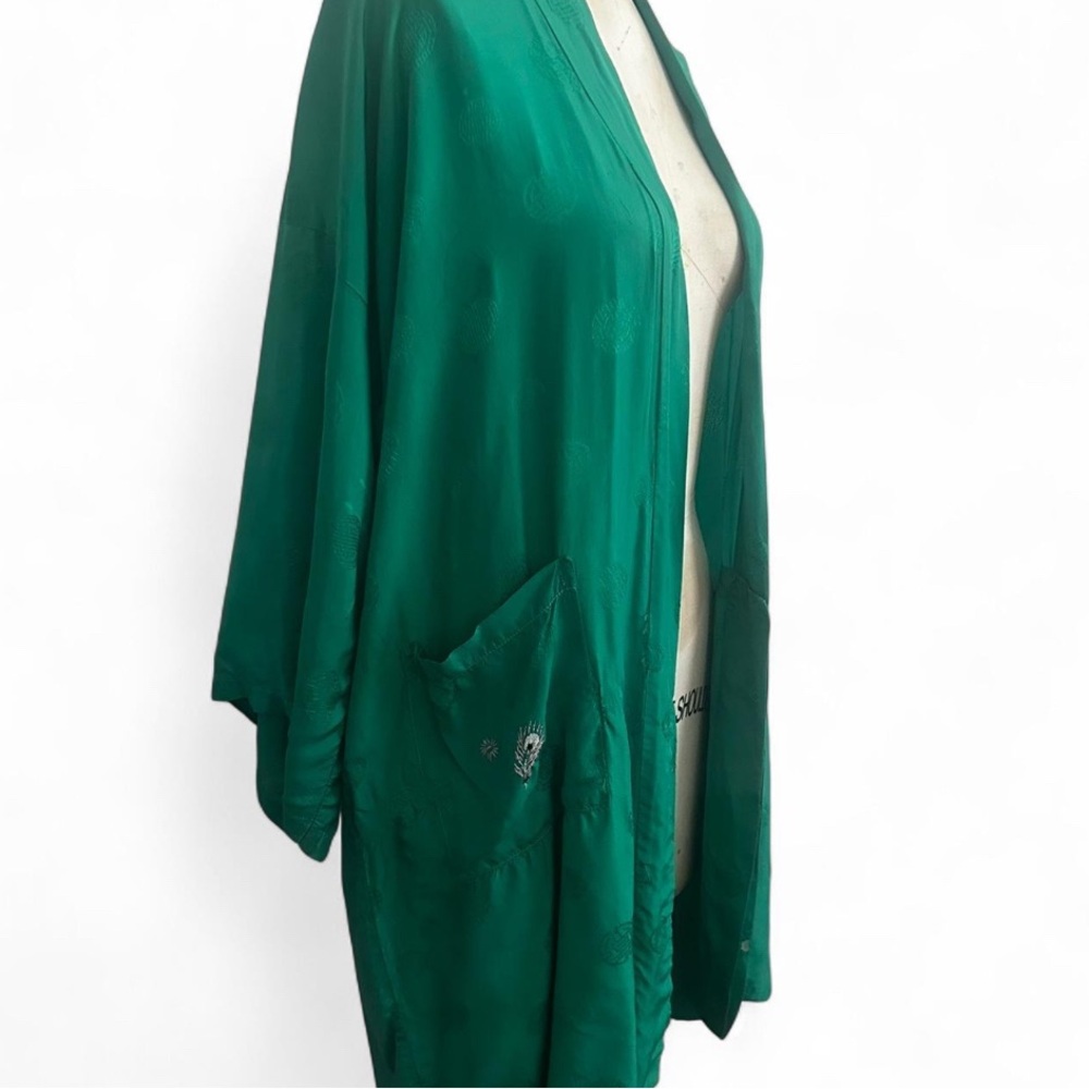 Golden Bee Green traditional vintage Chinese Kimono with Peacock Embroidery sz M - Picture 8 of 15